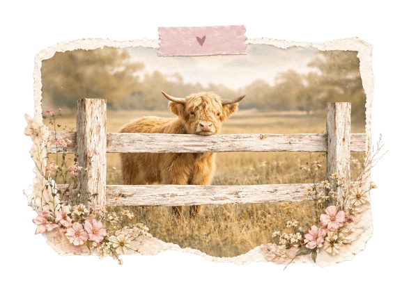 Highland cow in a pastoral field of wildflowers